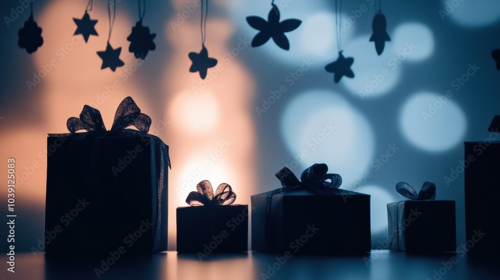 Poster Silhouettes of various sized gift boxes adorned with bows are set against a soft light background, evoking a joyful holiday spirit. Generative AI