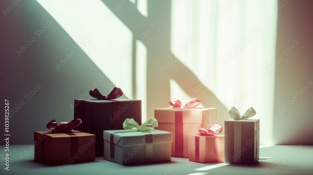 Poster A collection of beautifully wrapped gift boxes in various sizes, adorned with bows, creating a cheerful and inviting atmosphere. Generative AI