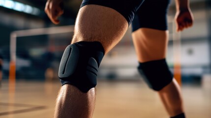 A volleyball player's knee pads with protective padding, indoor setting on a volleyball court, Protective style