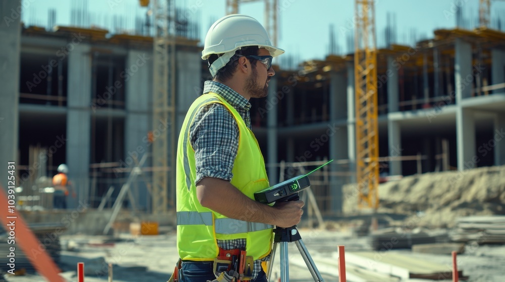 Poster A site engineer in a neon safety vest and hard hat, holding a measuring tape and standing in front of a newly constructed framework with visible measurements, Construction site scene