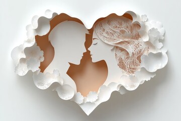 Silhouettes of a couple in a heart. A romantic paper cut design for wedding invitations, Valentine's Day cards, or other love-themed projects.