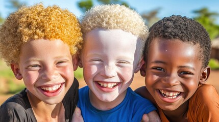 Fototapeta premium Three children with diverse skin tones share a joyful moment outdoors, AI