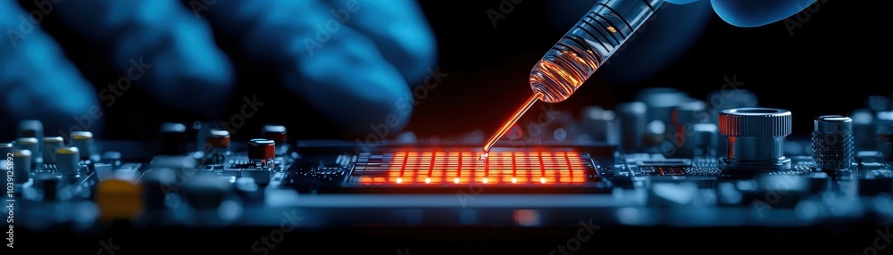 Poster close-up of a hand injecting liquid onto a glowing microchip in a dark environment.