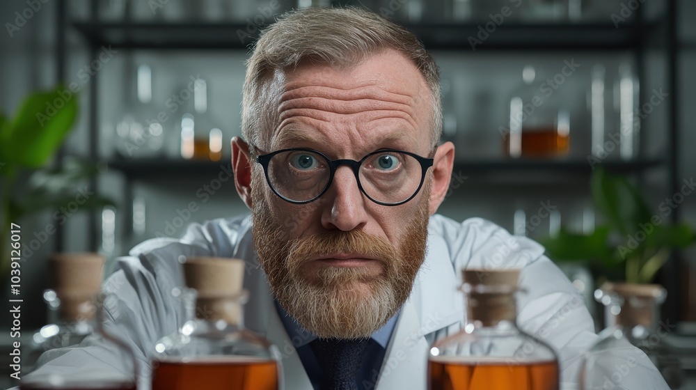 Poster serious scientist examining bottles with liquids in a laboratory setting.