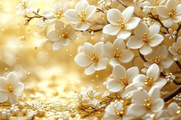 White flowers with gold accents on a gold background. Perfect for luxurious and elegant designs, especially for the holidays.
