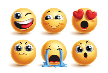 Emoji cute characters vector set. Emojis face character in happy, winking, shy, in love, angry, crying and disappointed facial expression for 3d icon collection. Vector illustration emoticons graphic 