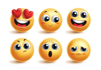 Fototapeta premium Emoji emoticon cute characters vector set. Emoticons face in in love, blushing, happy, confused, disappointed and anxious facial expression for 3d icon yellow collection. Vector illustration emojis