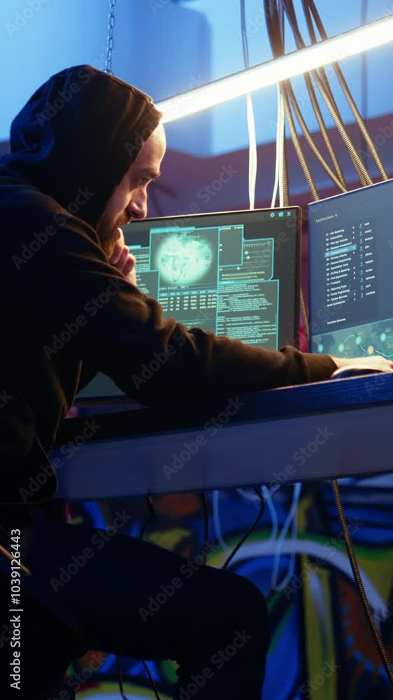 Poster vertical video malicious man hacking and talking on phone with partner, stealing credit card numbers