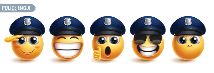Police emoji character vector set. Emoticon 3d professional characters like police man, guard, sheriff, law enforcer and security wearing cop hat elements. Vector illustration police office emojis 