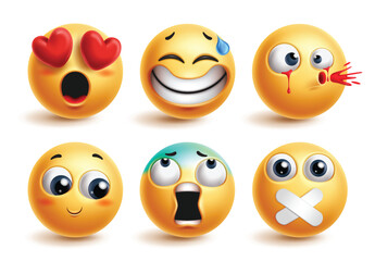 Emoji in love emoticon characters vector set. Emoticons 3d cute character in in love, excited, offended, shy, screaming and silent facial expression of yellow icon collection. Vector illustration cute