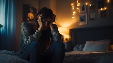 Obraz premium Lonely young woman feeling depressed and stressed sitting head in hands in the dark bedroom, Negative emotion and mental health concept. 