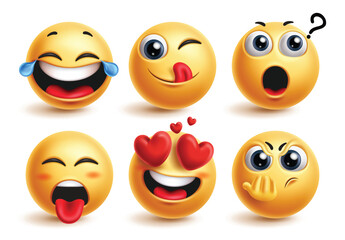 Emojis emoticon characters vector set. Emoji 3d yellow icon with laughing, silly, thinking, playful and in love facial expression in white background. Vector illustration emoticons cute characters 