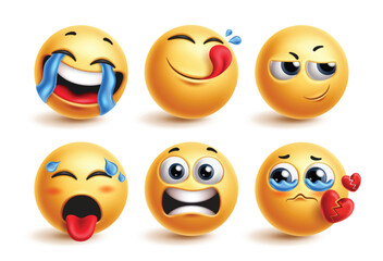 Emojis characters emoticon set vector. Emoji emoticon yellow round character in happy, crying, satisfied, inspired, sweating and broken hearted facial expression in white background. Vector 