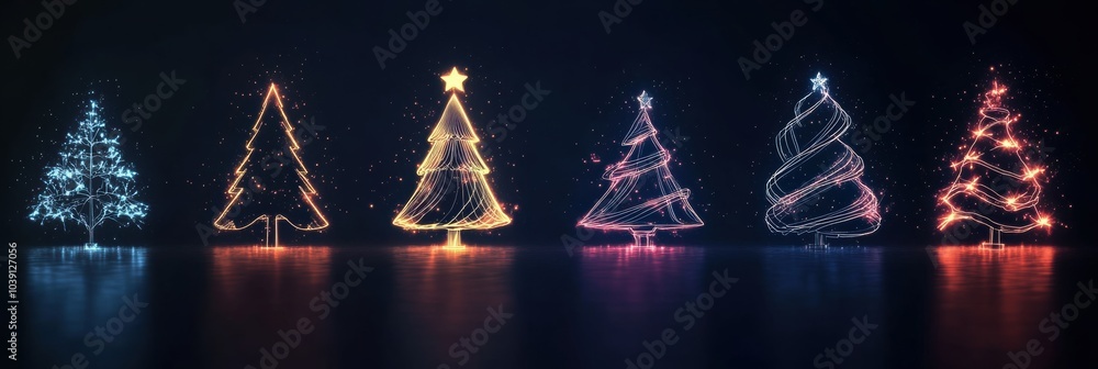 Poster bright glowing lines form minimalist silhouettes of christmas trees and ornaments, creating a festiv