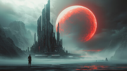 Futuristic landscape with a towering dark building, red moon, misty terrain, and a lone figure...