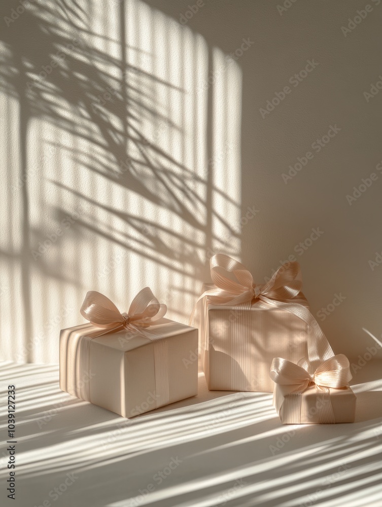 Poster a collection of wrapped gift boxes with bows creates a charming arrangement, casting delicate shadow