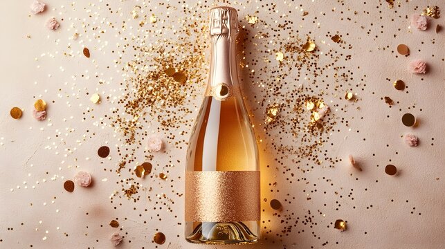 Champagne bottle sparkling with gold glitter, confetti artfully scattered around it, flat lay composition on a soft beige background, ideal for party themes