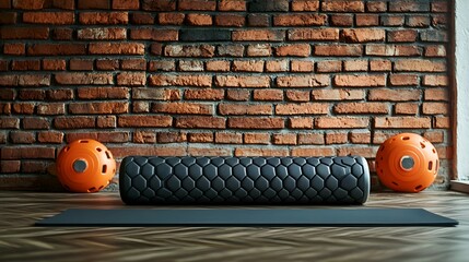 Close-up shot of a barbell, exercise mat, and foam roller on the floor, framed against an urban brick wall, high-quality stock image for fitness promotion