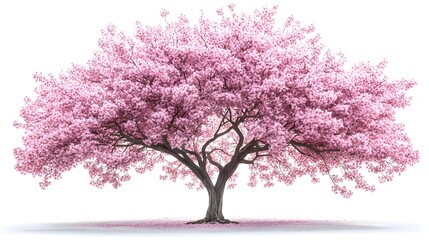 Obraz premium Beautiful cherry tree in full bloom, delicate pink and white flowers covering its branches, set against a pristine white background, radiating spring serenity