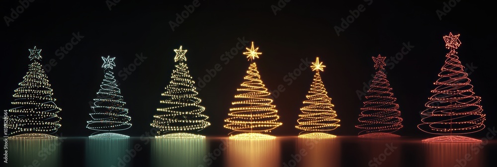 Poster vibrant glowing lines form minimalist christmas trees and ornaments against a dark background, creat