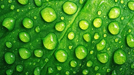 Dew Drops on a Green Leaf