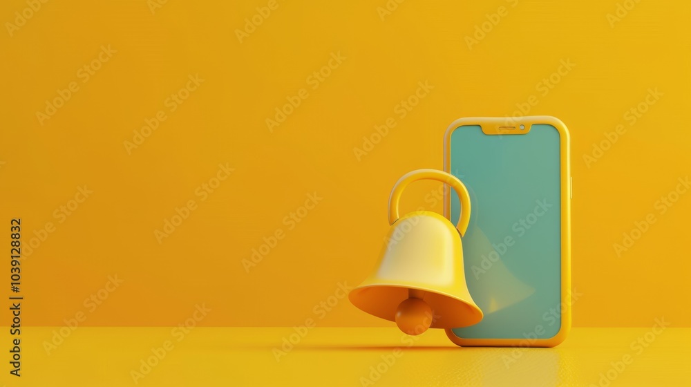 Poster notification message bell icon alert and alarm on yellow background with smartphone reminder. 3d ren