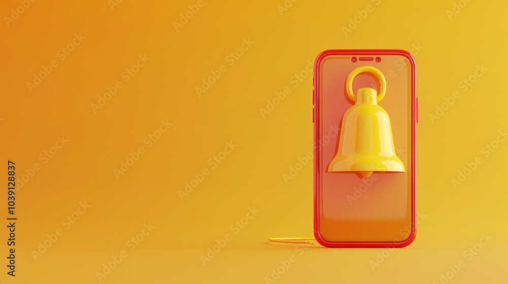 Poster notification message bell icon alert and alarm on yellow background with smartphone reminder. 3d ren