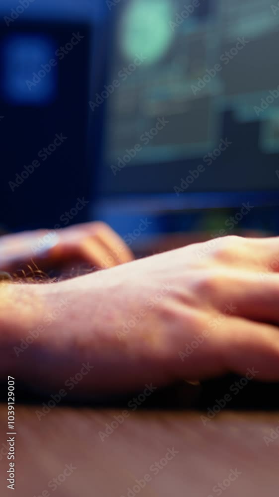 Aufkleber vertical video meticulous hacker typing on computer keyboard, doing data breaches and financial thef