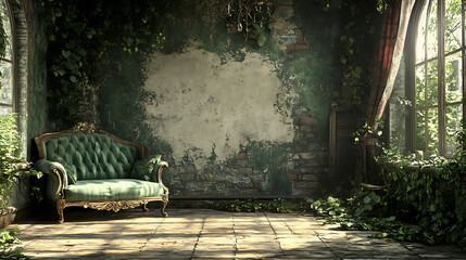 Obraz premium A vintage green velvet sofa sits in a sunlit room with a brick wall and overgrown ivy. The room has a sense of vintage charm with a touch of decay.