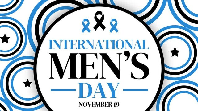 International Men&rsquo;s Day background with ribbons for awareness and typography in the circle, 4k animation.