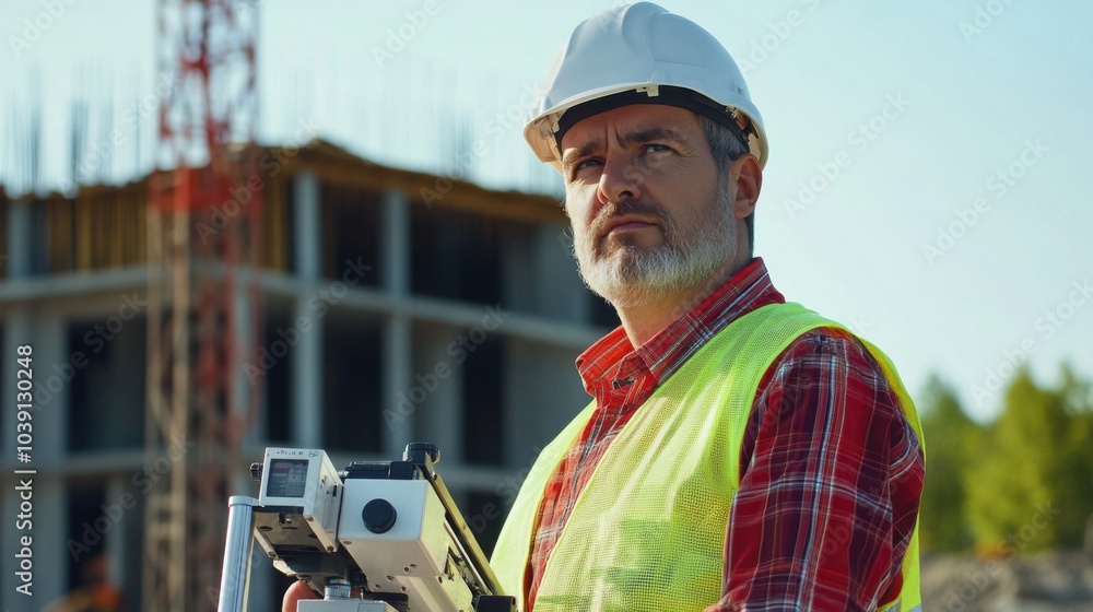 Poster a site surveyor in a reflective vest and helmet, holding a theodolite, with a partially constructed 