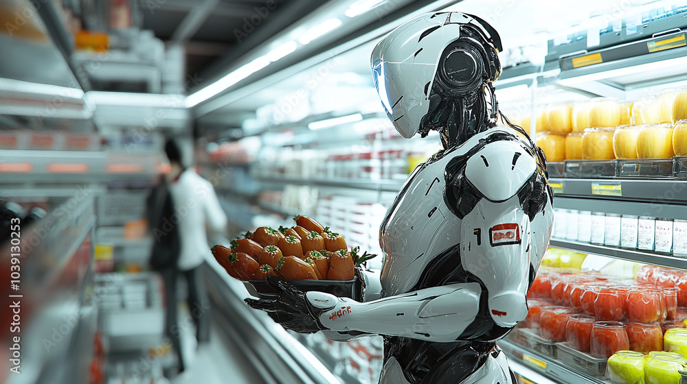 Wall mural cyborg shopping for groceries in a modern supermarket