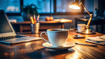 Cozy workspace with a cup of coffee on the table, laptop, and warm desk lamp illuminating the scene