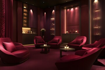 Luxurious Burgundy Waiting Area in a Modern Theater with Sophisticated Ambiance