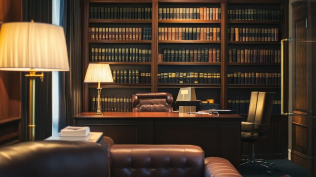 A sophisticated law office backdrop with shelves of legal books and elegant furnishings, Law office scene, Professional and authoritative style