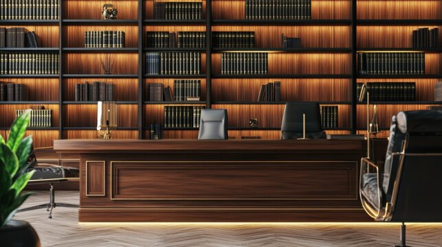 A sophisticated law office backdrop with shelves of legal books and elegant furnishings, Law office scene, Professional and authoritative style