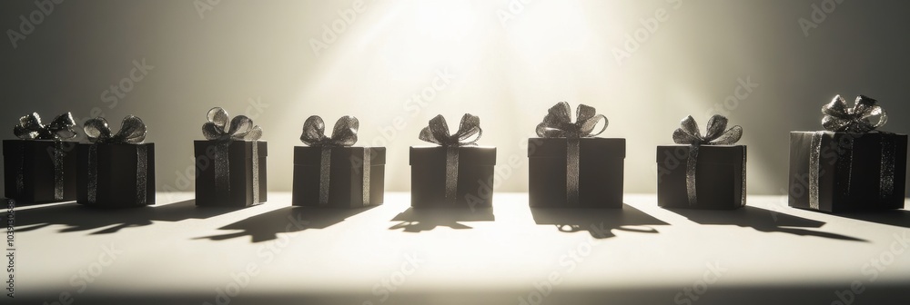 Poster Silhouetted gift boxes adorned with bows create an elegant display against a softly lit background, evoking a festive atmosphere. Generative AI