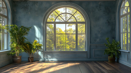 Fototapeta premium A large arched window in a room with blue walls and wood floors looks out onto a bright green forest. Two houseplants sit in the room.