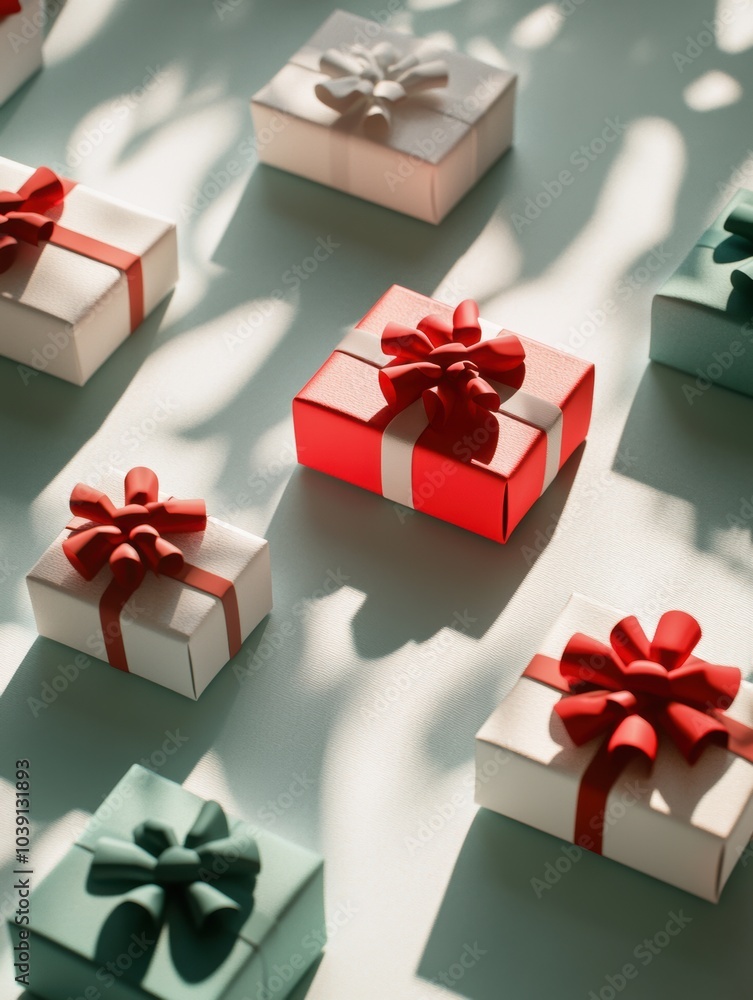 Poster an assortment of styled gift boxes in various colors features delicate bows, arranged neatly on a li