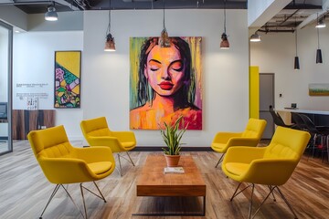 Vibrant Mustard Toned Design Studio with Inspiring Artwork and Plush Furnishings