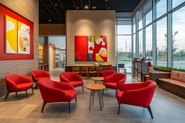 Vibrant Red Themed Waiting Area in a Modern Shopping Mall with Cushioned Chairs  Art  and Natural Light