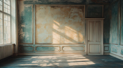 Sunlight streams through a window in an old, empty room with teal walls and a closed white door. The room has a vintage and faded look.