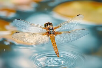 A dragonfly hovers over a pond, its wings outstretched and its body poised above the water. The surface of the pond is a blur of ripples and reflections.