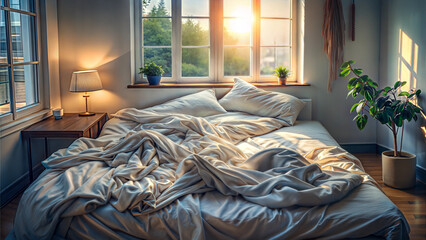 Cozy bedroom interior with a messy bed and soft morning light streaming through the window