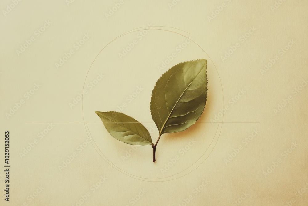 Poster Two delicate tea leaves are arranged artistically on a soft background, showcasing their shape and subtle colors in a minimalist style. Generative AI