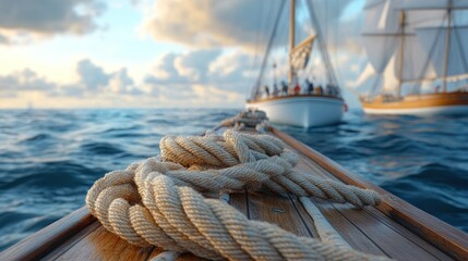 Obraz premium A close-up of a rope on a boat with distant ships on the water.