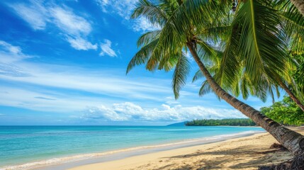 A vibrant tropical beach scene with palm trees and turquoise waters under a clear sky, Tropical beach scene, Exotic and leisurely style