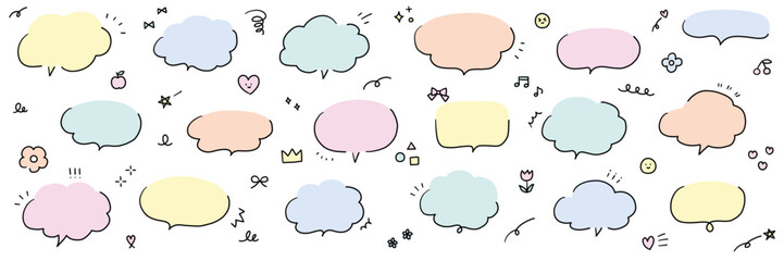 手描きの吹き出しのベクターイラストセット。ふきだし、フレーム、おしゃれ、手書き、ハート、花