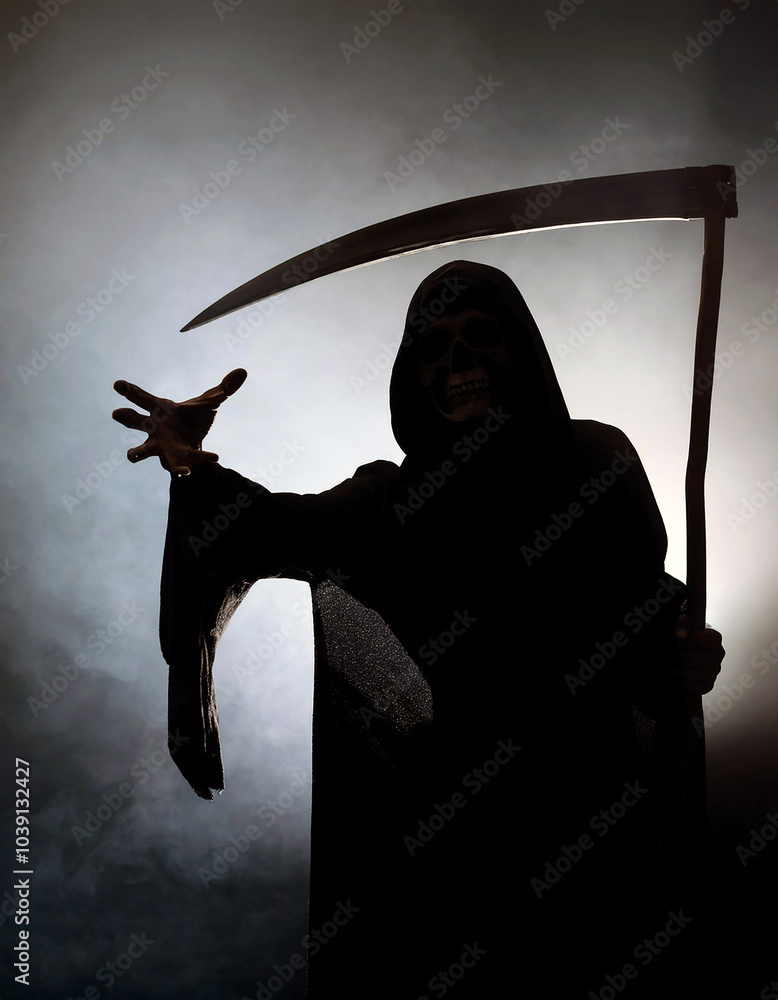 Wall mural death's shadow: a haunting silhouette of the grim reaper, scythe in hand, reaching out from a smoky,