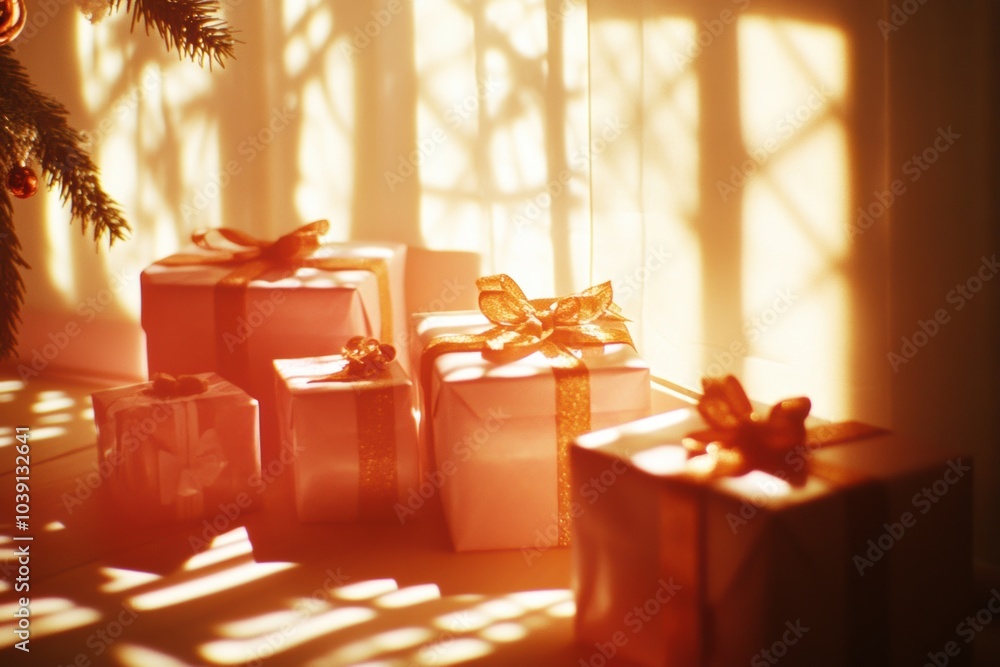 Aufkleber Elegant gift boxes adorned with bows create a tranquil atmosphere, casting soft shadows on a light background in a cozy setting. Generative AI